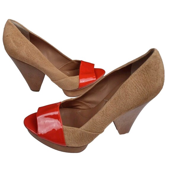 BCBG MAXAZRIA Tan & Orange Leather Platform Heel Pumps Size US 9.5 B Wooden - Picture 1 of 9